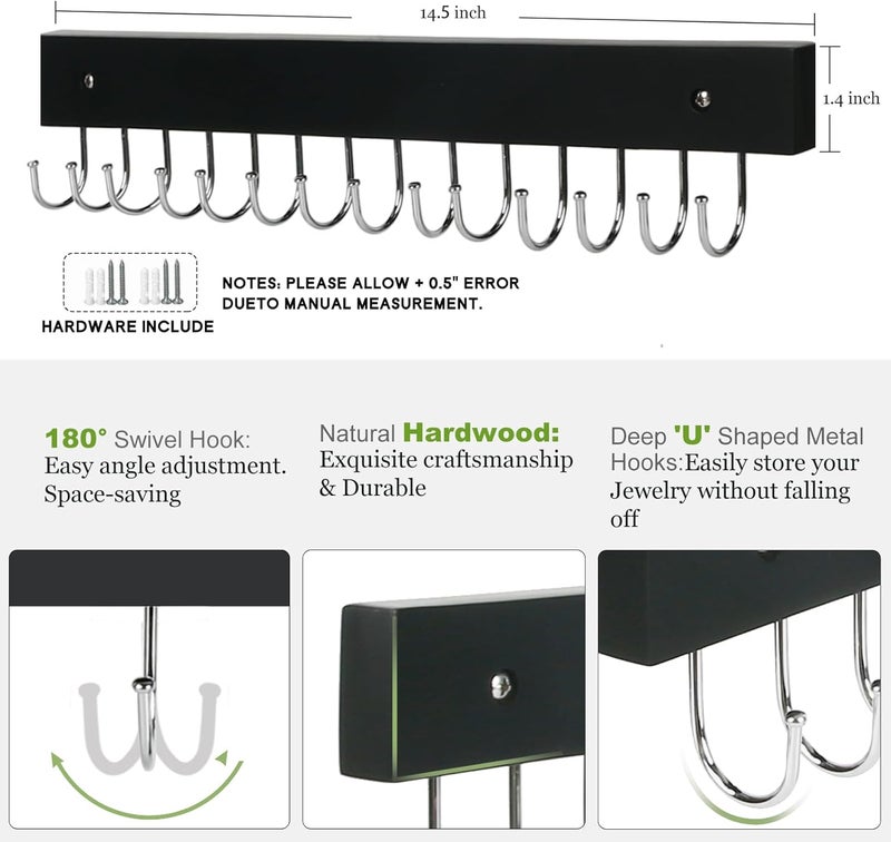 AnDock Necklace Holder Wall Mounted Jewelry Organizer - 2 Pack Wooden with 28 Hooks, Hanging Earring & Ring Bracelet Storage, Decorative Space-Saving Jewelry Display (Black) - Image 3